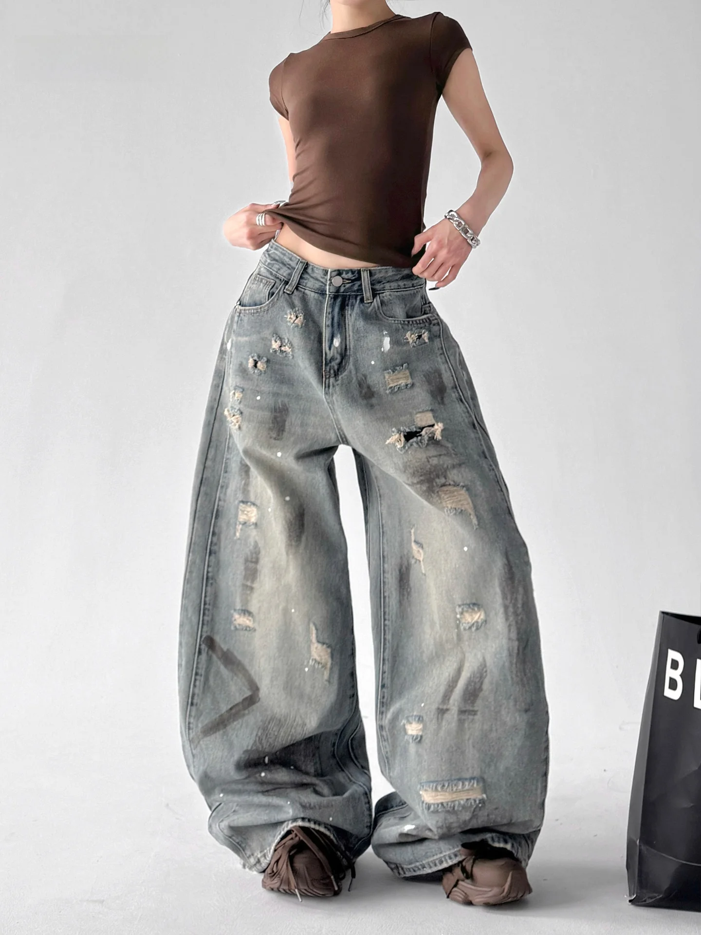 

Retro Blue Faded Wide Leg Denim Jeans Women's Spring New Style American Loose Straight Long Pants Hole Punching Low Waist