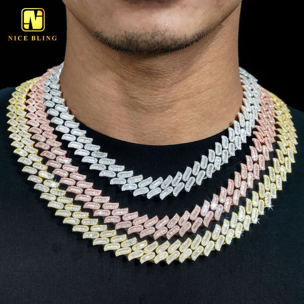 Iced Out Fashion Hip Hop Cuban Link Necklace Men Brass Jewelry 16mm Cz Cuban Link Gold Plated Baguette Cz Diamond Necklace