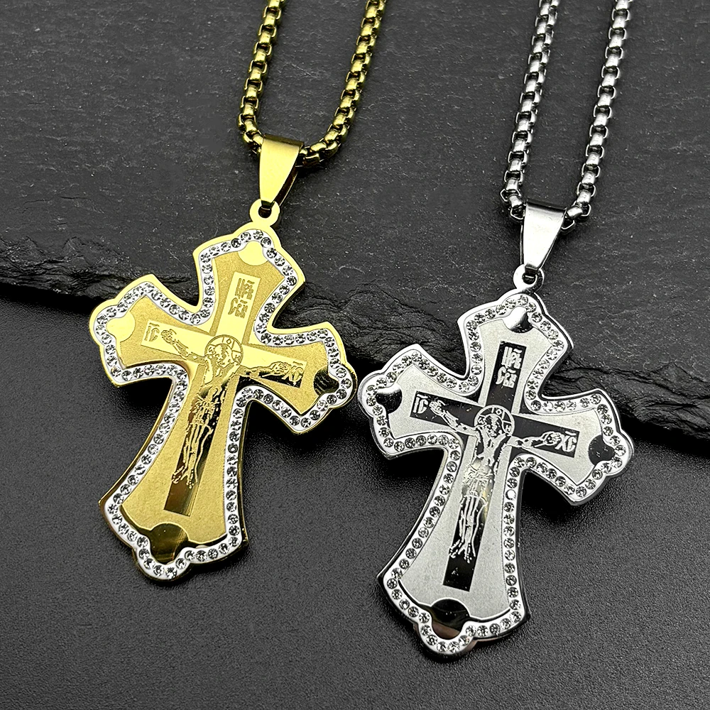 

Christian Jesus Cross Crucifix Pendant Necklace for Women Men Gold Color Stainless Steel Rhinestones Catholic Chain Jewelry