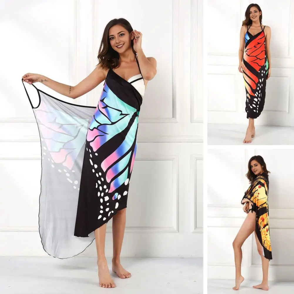 Boho Beach Cover Up Kolorowy nadruk Sukienka plażowa z paskami spaghetti Halloween Bikini Wrap Stroje kąpielowe dla kobiet