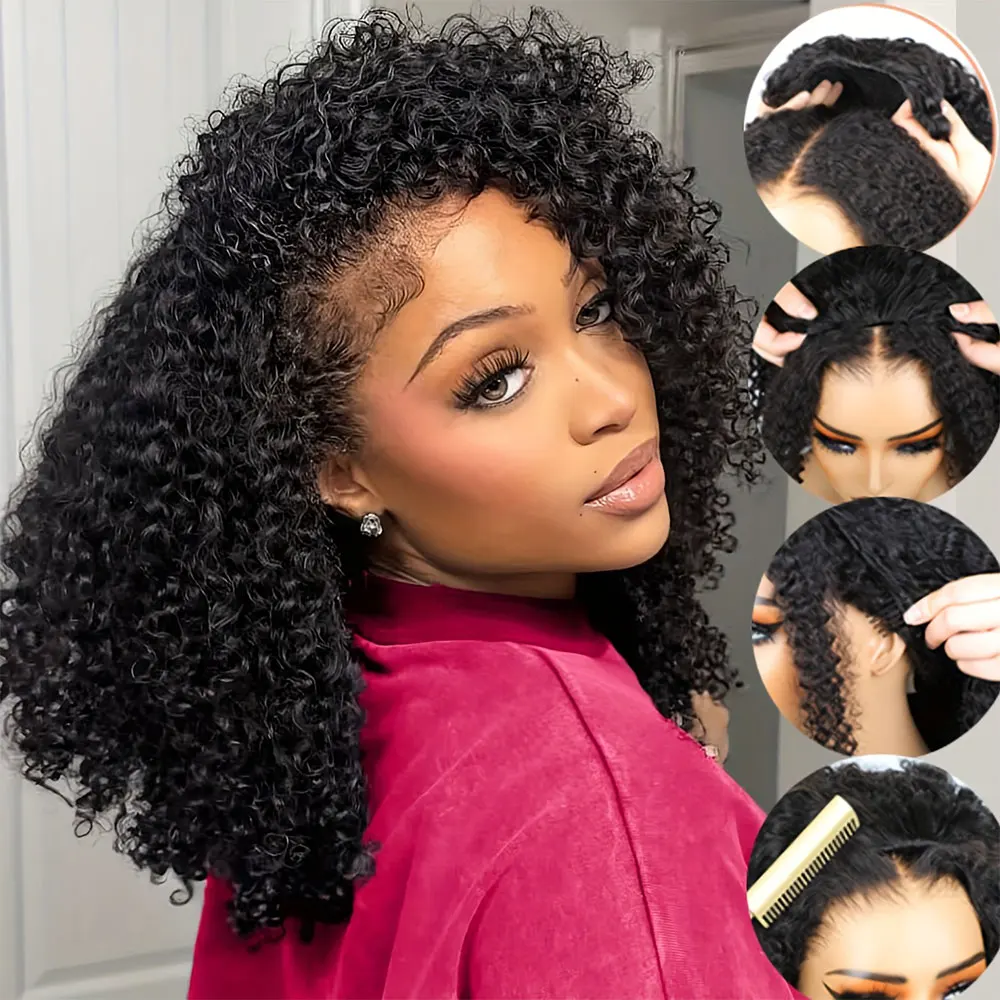 

Афро-кудрявый вьющийся парик 3 в 1, бесшовный, странный, вьющийся, флип, бесклеевая, для ношения и Go, зажим на шнурке, парик, человеческие волосы, черный цвет