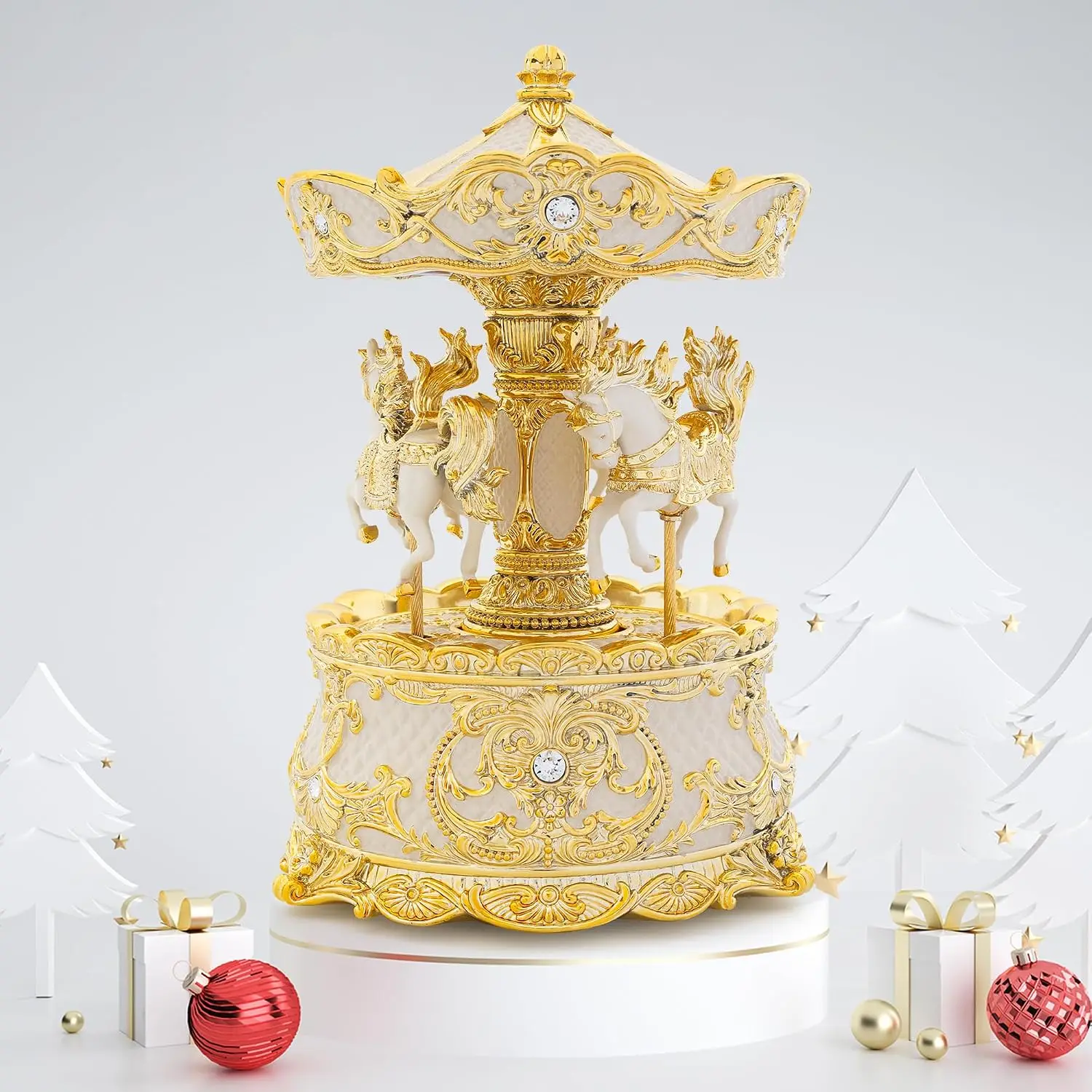 Carousel Music Box, Gold & Ivory, 8.7-Inch Rotating Christmas Musical Box with Wind-Up Cylinder, Holiday Gift for Kids, Adults and Women