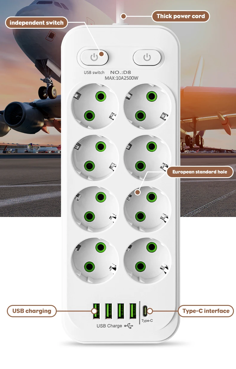 EU-Stecker Mehrfachsteckdose mit 2m Verlängerungskabel, Elektrische Steckdose mit Smart-USB, Überspannungsschutz und Netzwerkfilter für Zuhause und Büro – Detail 4