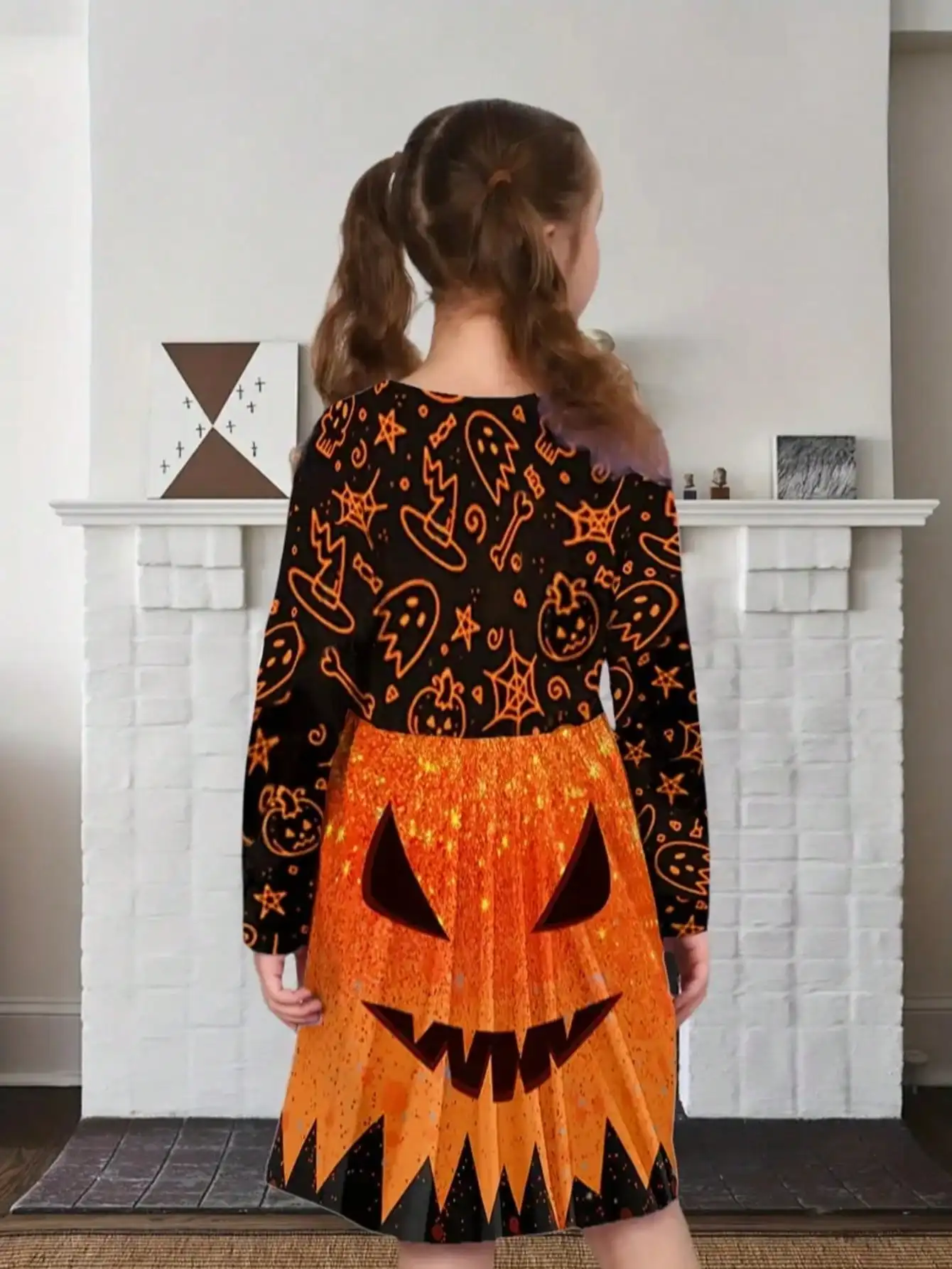 Children's Halloween Long-Sleeved Dress Pumpkin Pattern round Neck Letter Print Mid-Length Skirt for Kids' Costume