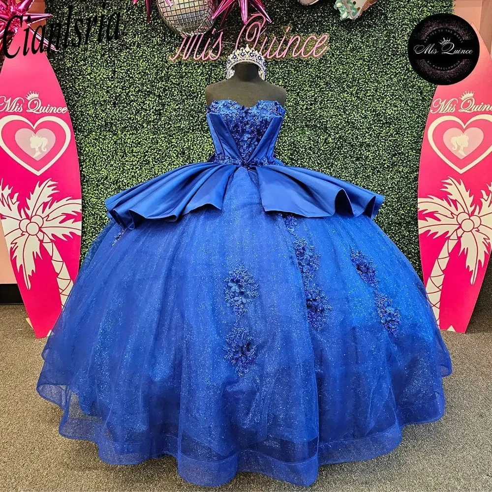 Royal Blue Off The Shoulder Ruffles Bow Quinceanera Dresses Ball Gown Sleeveless 3D Flowers Appliques Sweet Vestidos De XV Años