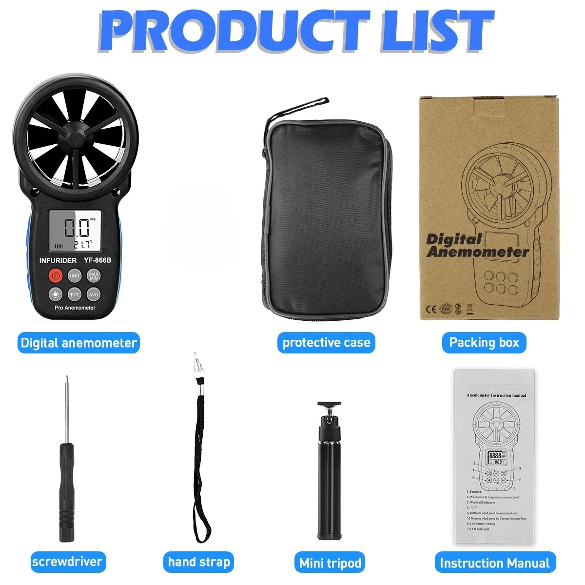 886B Handheld  Anemometer 0.3-30m/s Wind Speed/Temp Mete with LCD /Wind Gauge/MAX/MIN Air Flow Tester for Droner&Sailing