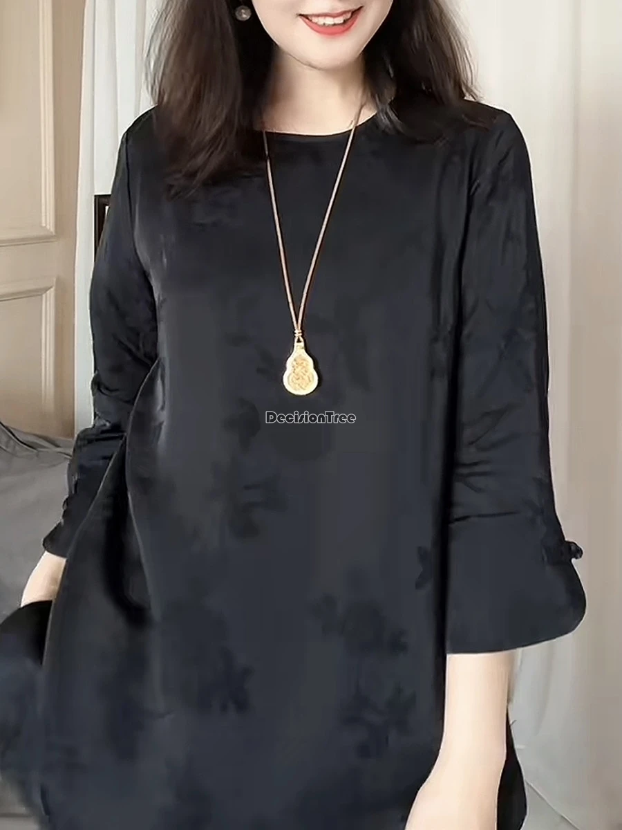 بلوزة جديدة من قماش الجاكار بتصميم كلاسيكي صيني جديد لعام 2025 بنصف كم وياقة مستديرة وفضفاضة وأنيقة للنساء بلوزة بدلة تانغ يومية للصيف t001