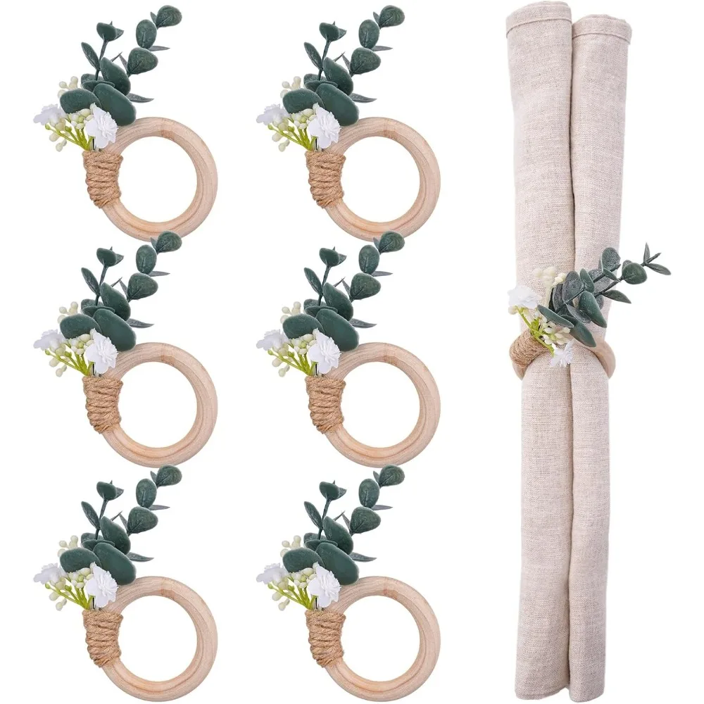 Greenery Leaf Napkin Rings Set of 6 - Boho Eucalyptus Napkins Rings for Wedding Table Decor, Rustic Flower Napkin Ring for Farmh