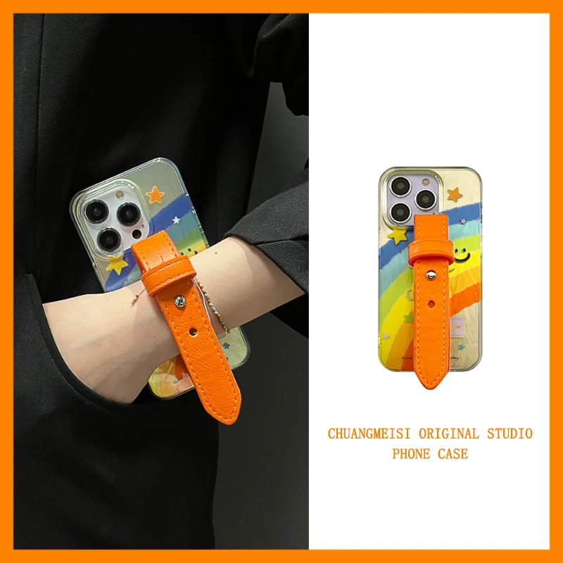 

Rainbow smiley face wristband for apple 15promax case iphone14promax creative 13promax 14pro drop proof apple 15pro