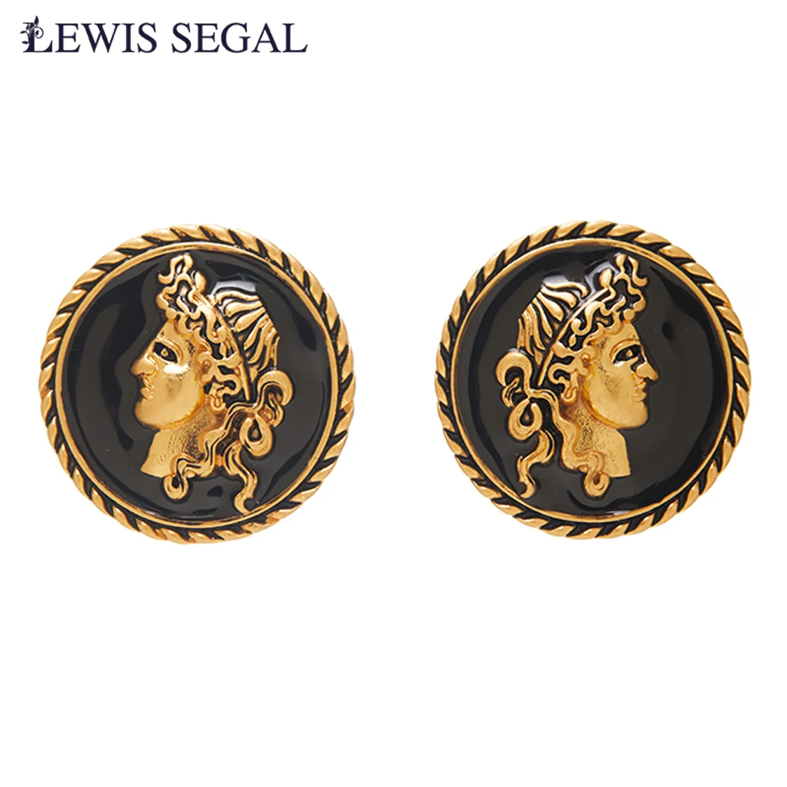 LEWIS SEGAL Embossed Beauty Head Vintage Stud Earrings for Women Luxury Medieval Style Fine Jewelry Enamel 18K Gold Plated