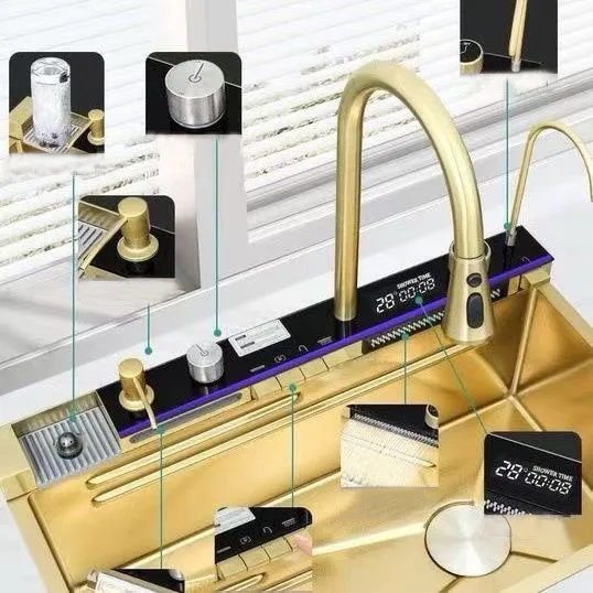 Multifunction Kitchen Sinks 304 Stainless Steel Kitchen Sink Faucet Modern Gold Waterfall Rainfall Single Bowl Kitchen Sink Set