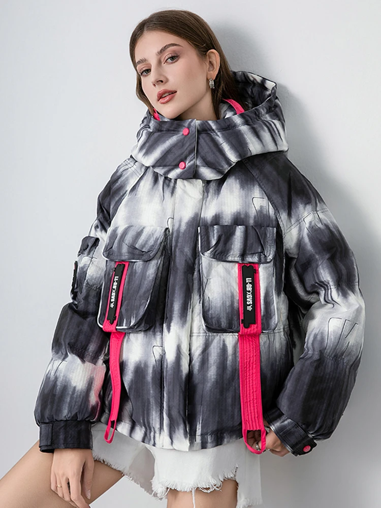 

Winter Gradient Removable Hooded Down Jacket Parker Female White Duck Down Thick Down Jackets Women Big Pocket Quilted Outwears