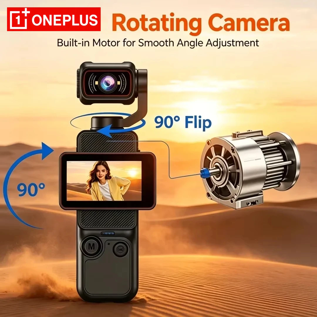 Kompaktowa kamera akcji OnePlus 8K z obrotowym ekranem HD, stabilizacją obrazu, funkcją nagrywania zdjęć i filmów oraz możliwością przesyłania danych przez Wi-Fi.
