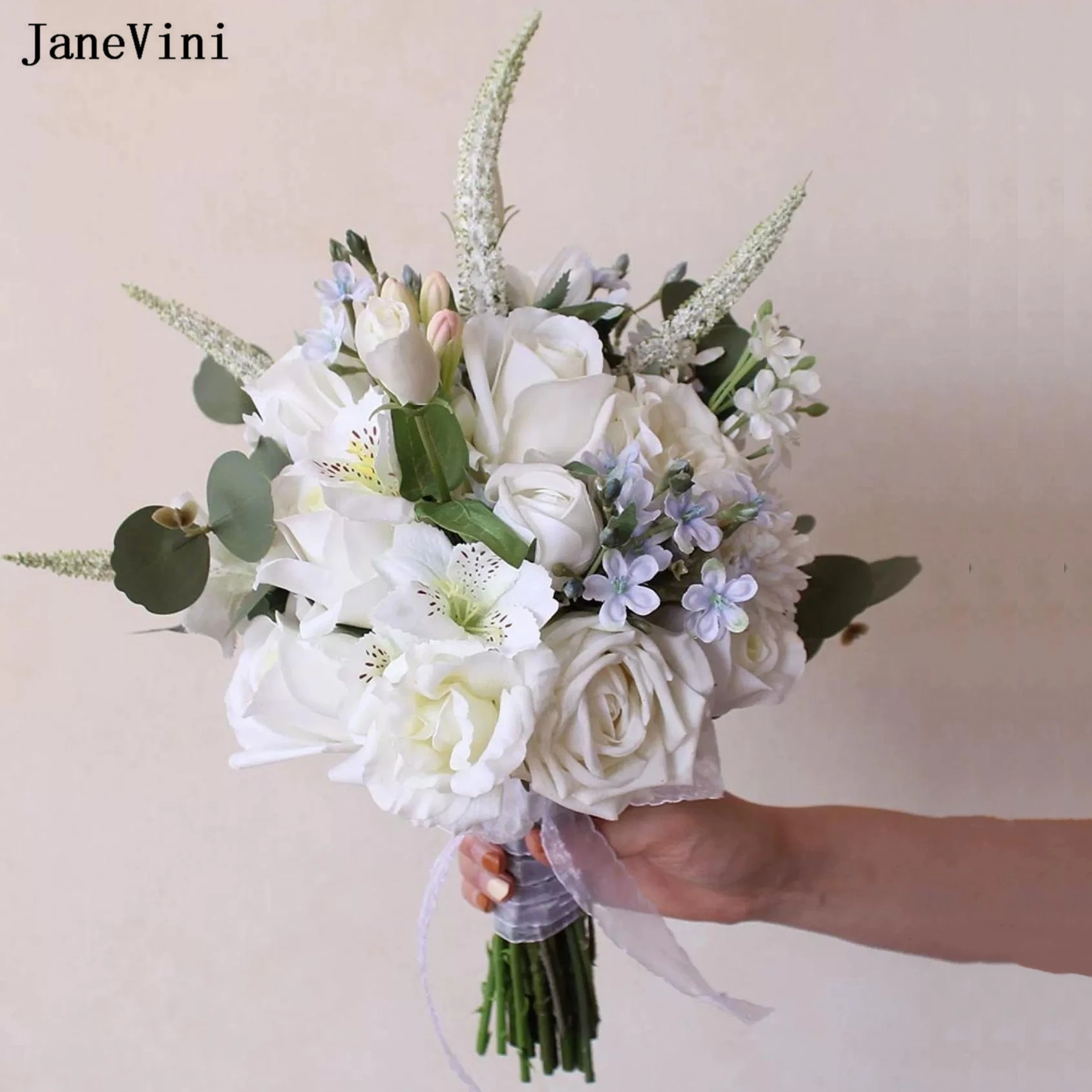 JaneVini Elegant Western White Flowers Bridal Bouquets Artificial Silk Roses Real Touch Bride Bouquet Wedding Accessories Boho