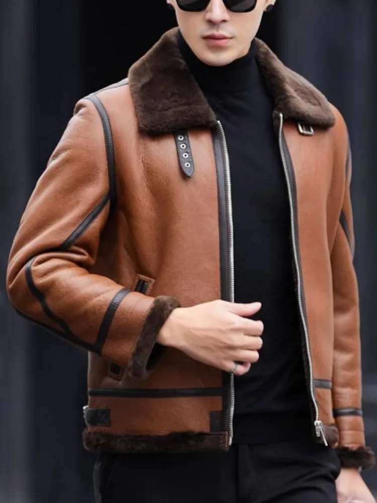 الأعمال عارضة رفض طوق جيوب سترة جلدية حقيقية بلون سستة جلد الغنم الذكور طويلة الأكمام ملابس خارجية