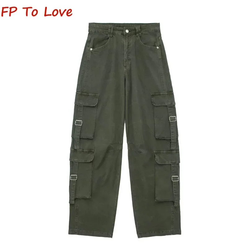 

Spice Girls Vintage Army Green Workwear Pants PB&ZA Woman Loose Straight Multi Pocket Wide Leg Pants 5520229