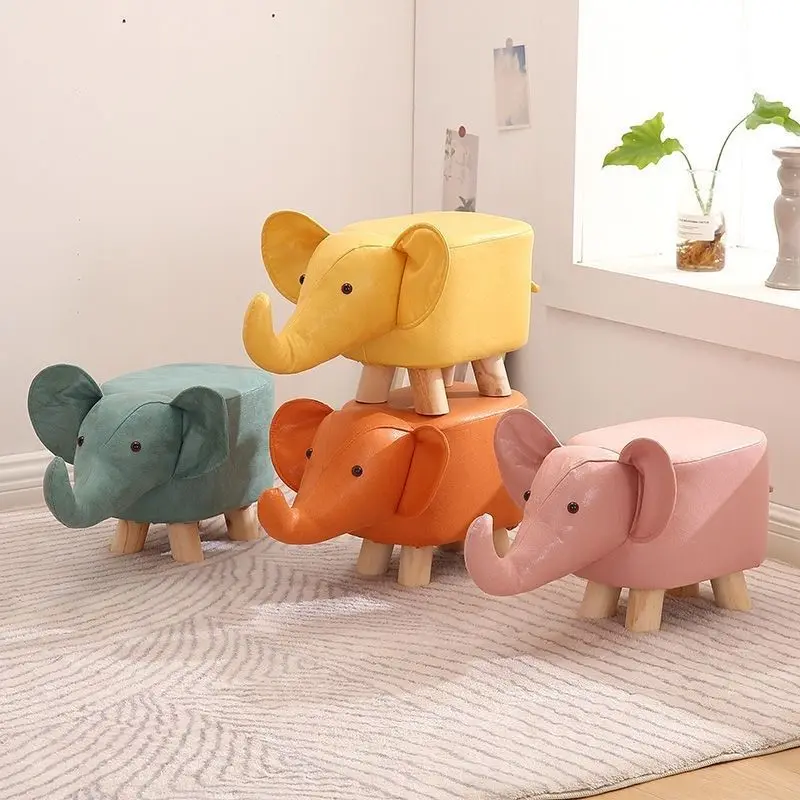 Children Real Wood Low Stools  Creative Animal Elephant Family Cartoon Change Shoe Small Stool Web Celebrity Lovely