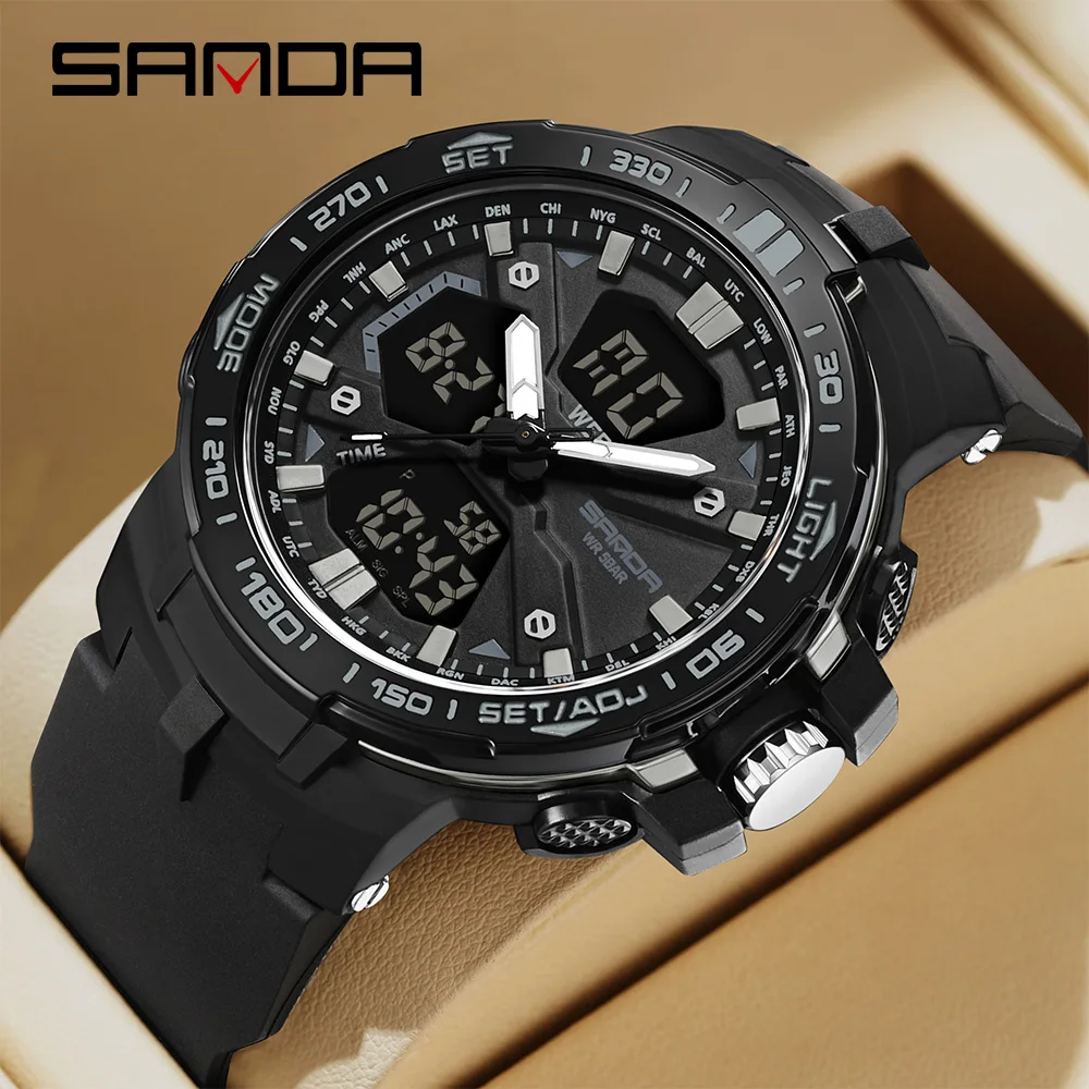 SANDA 3333 Student Fashion LED Electronic Multifunction Watches 50M Waterproof Night Light Sport Digital Chronograph Men Watches