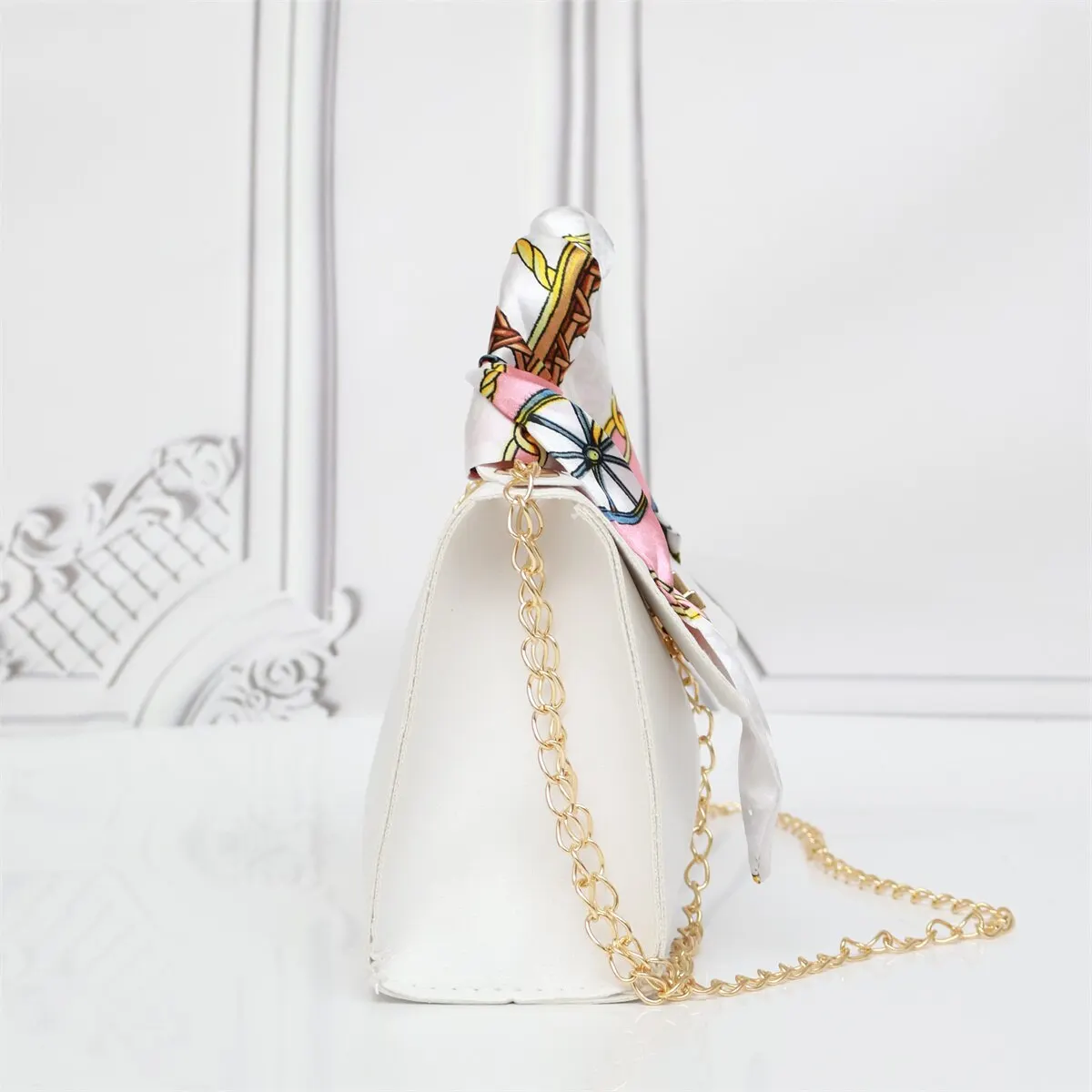 Women Fashion Simplicity Solid Color Handbag Niche Design Silk Scarf Mini Chain Single Shoulder Crossbody Bag Bandolera