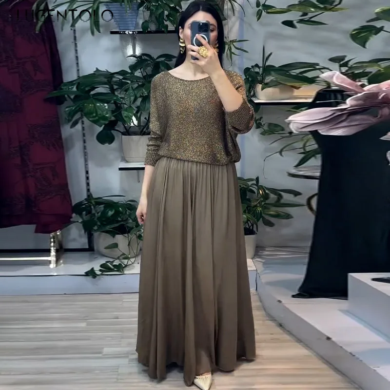 

Женская футболка с длинным рукавом и юбкой, новые блузки с круглым вырезом, топы, женские большие качели, однотонные весенние элегантные вечерние комплекты из двух предметов