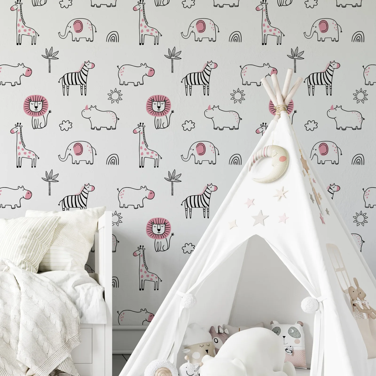 Hand Draw Cute Animals Wallpaper,Cartoon Safari Jungle Animals Wall Mural For Kids Room Decor,Self-adhesive Or Traditional Paper