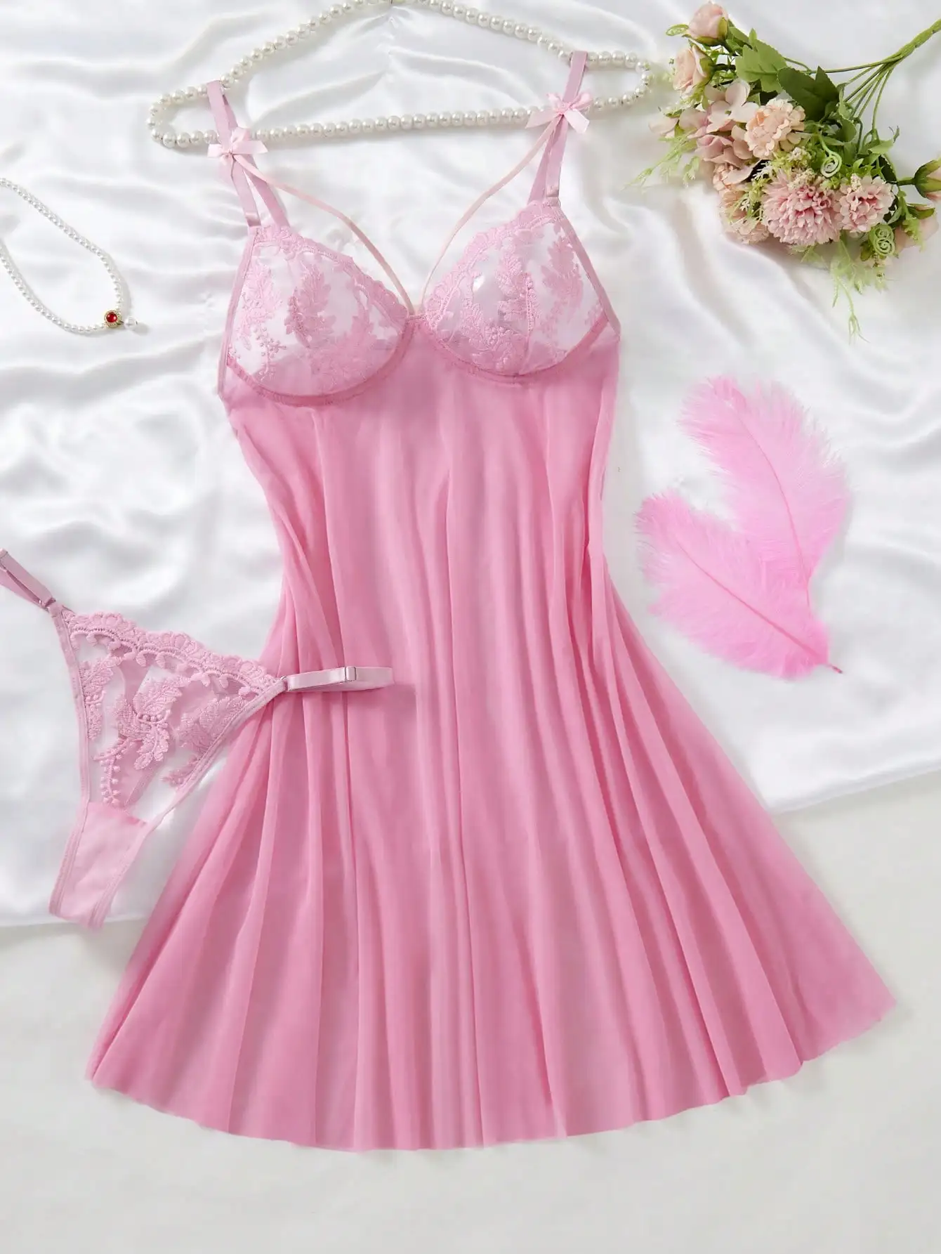 

Pink Lace Trimmed Pleated Nightgown Set with Matching Thong, Sexy & Comfortable Sleepwear for All Seasons