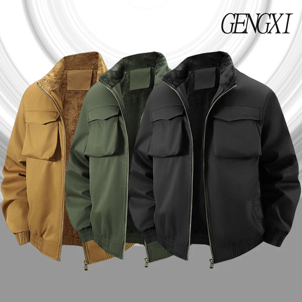 

Зимняя утолщенная рабочая одежда на флисовой подкладке с воротником-стойкой, новый стиль, мужская однотонная хлопковая куртка с несколькими карманами