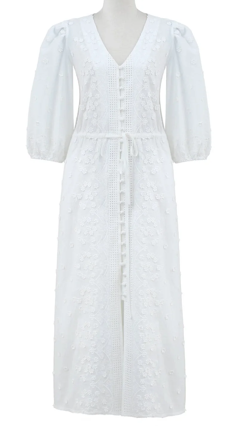 

Bohemian Beach Dress 2024 Spring Summer Style Ladies V-Neck Allover Appliques Embroidery Tunic Button Elegant Long White Dress