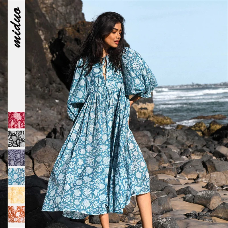 Hot New Floral Printed Beach Dresses Fashion Loose Dresses Casual Long Sleeve Dresses