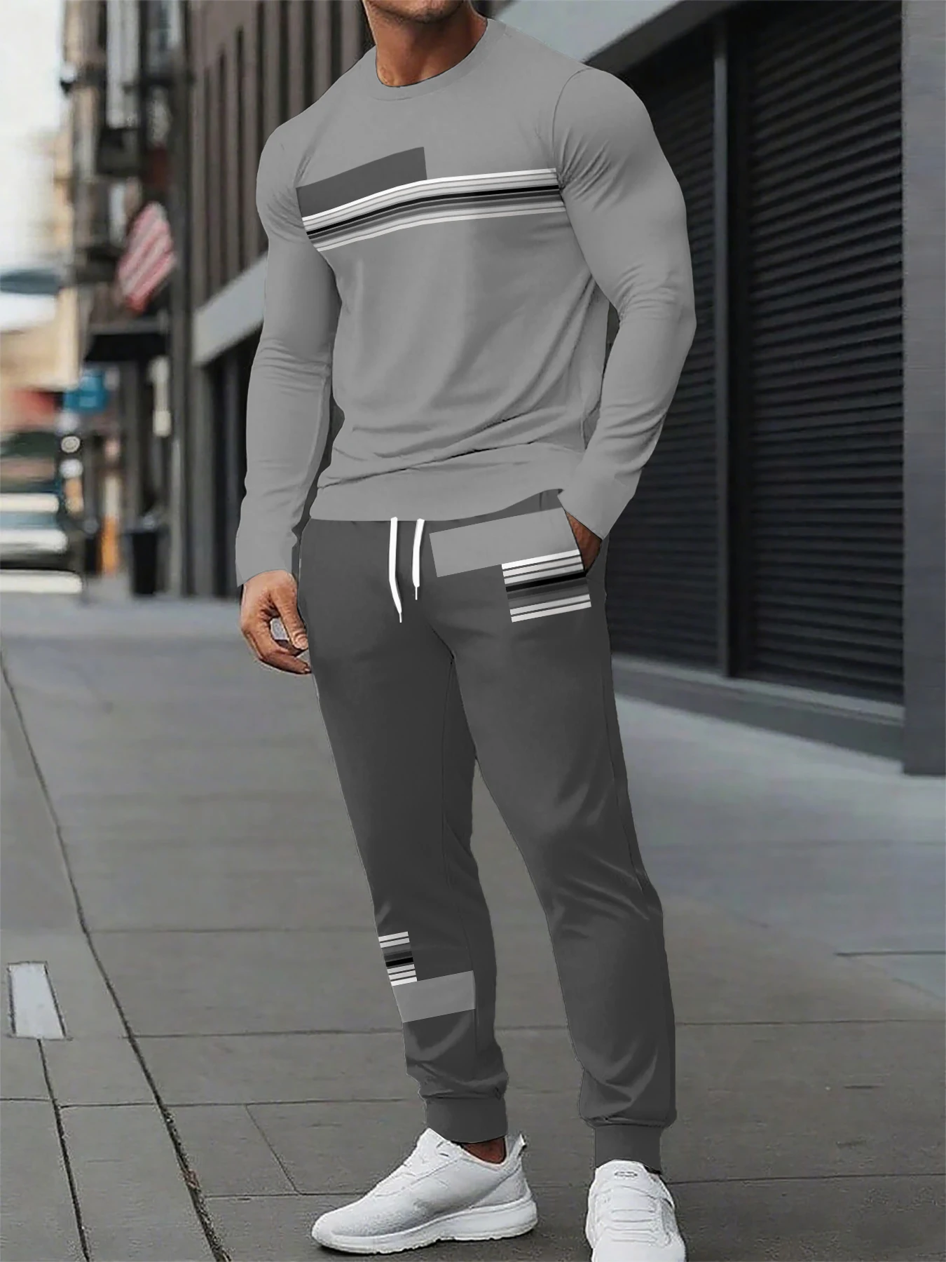 

Men's suit sportswear gray striped printed long sleeved T-shirt fashionable men's pullover casual sports pants set