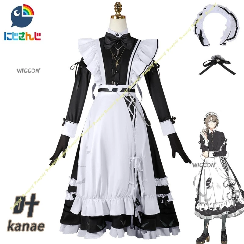 NIJISANJI أزياء تنكرية قاناي فستان خادمة لطيف أسود أبيض بأكمام طويلة ملحقات المئزر ربطة القفازات ربطة العنق عيد الميلاد والهالوين