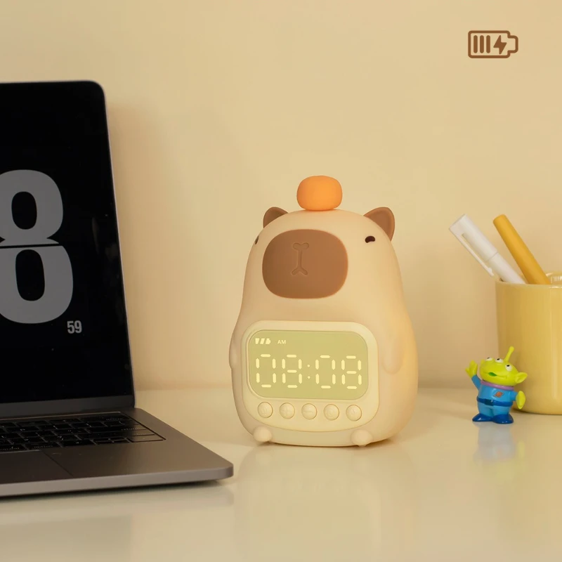 

!!///Rechargeable Capybara Night Light & Alarm Clock - Dimmable Silicone Table Lamp, USB Charging, Kids' Birthday Gift