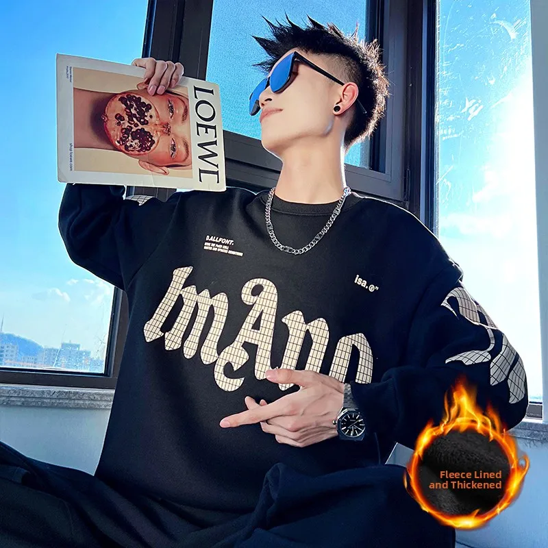 

Мужская утепленная толстовка с капюшоном на флисовой подкладке, осенне-зимняя, теплая, с принтом, пуловер с круглым вырезом, повседневная, удобная, уличная одежда