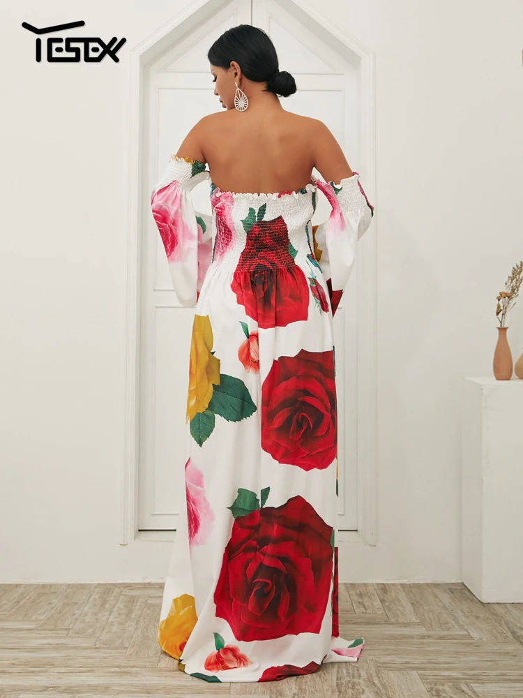 Yesexy Summer Sexy Off the Shoulder Flower Print sukienka plażowa głęboki dekolt Backless elegancka sukienka Boho z długim rękawem dla kobiet