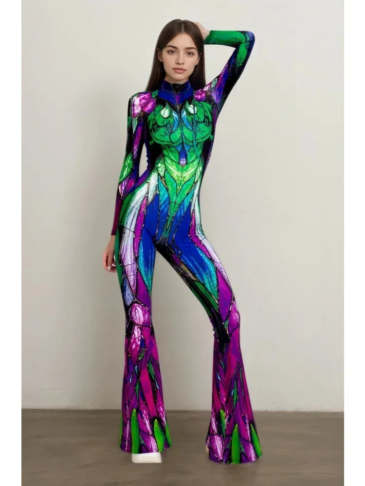 Weihnachts-Overall für Damen mit ausgestelltem Bein, Candy Cane- und Schneeflockenmuster, Glockenbein-Design, Totenkopf-Bodysuit, Halloween-Weihnachts-Clubwear, Partykostüm – Detail 17