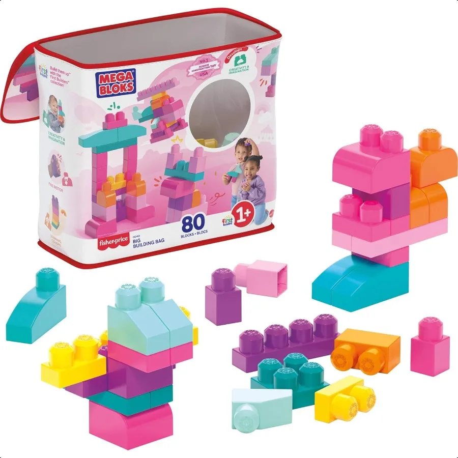 

MEGA BLOKS Первые строители, набор игрушек для малышей, большая коллекция строительных сумок с 80 предметами и местом для хранения, розовый возраст 1+ лет