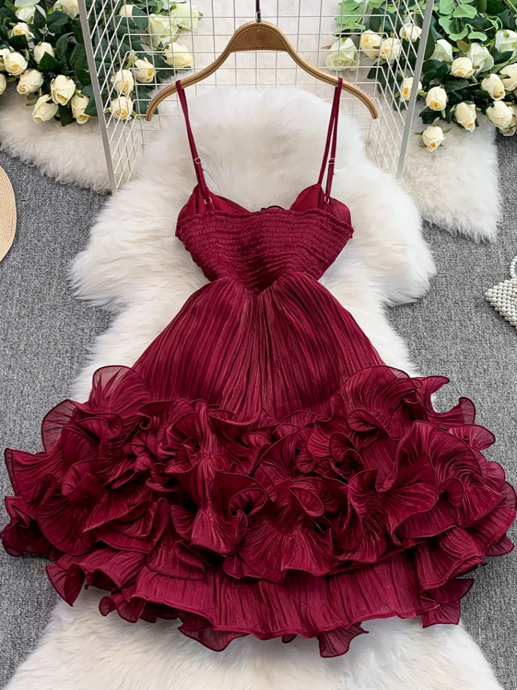 

Sweet Summer Ins Sle Women's Dr with Pleated High Waist Slimming Puffy Princ Skirt Korean Sle Commute