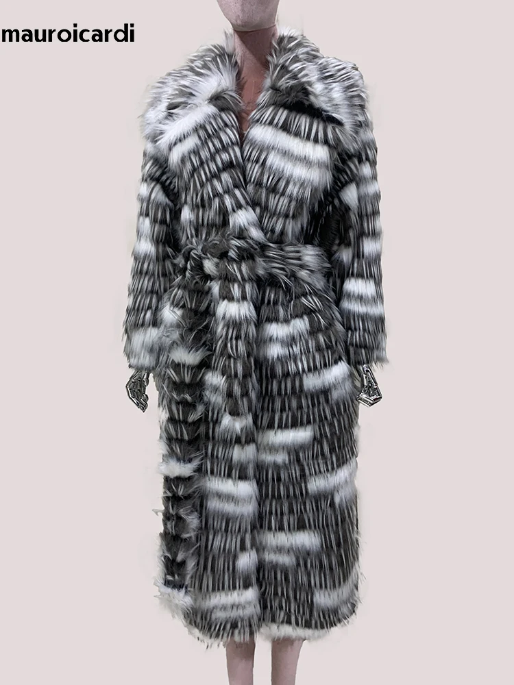 Mauroicardi hiver Long épais chaud coloré poilu Shaggy fausse fourrure manteau femmes ceintures de luxe vêtements de créateur fourrure pardessus 2025