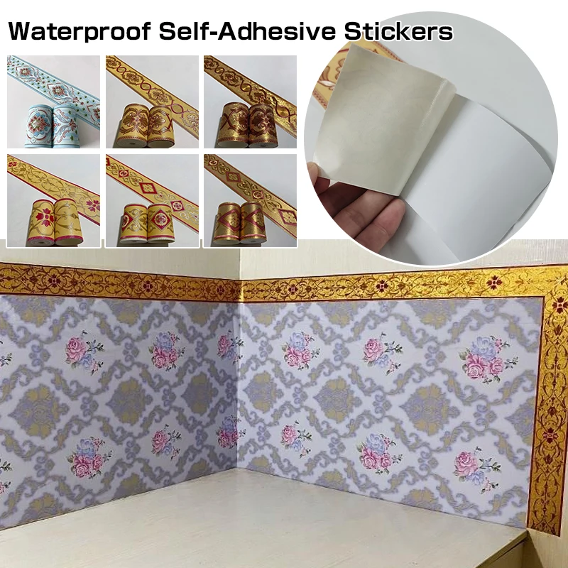 

10 Meter Gold Luxurious PVC 3D Waterproof Tile Decals Waist Line Wallpaper Living Room Wall Border Stickers 8cm Skirting Line