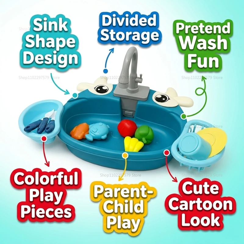 Kids Kitchen Sink Toys with Electric Water Cycle Pretend Play Dishwasher with Utensils Food Educational Toy for Toddler Boy Girl