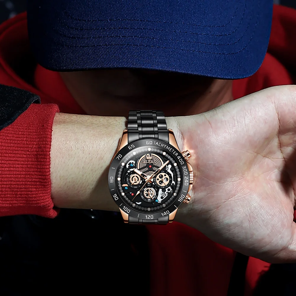 OLEVS-reloj deportivo de acero inoxidable para hombre, cronógrafo de pulsera de cuarzo, resistente al agua, diseño de esqueleto, marca superior, de