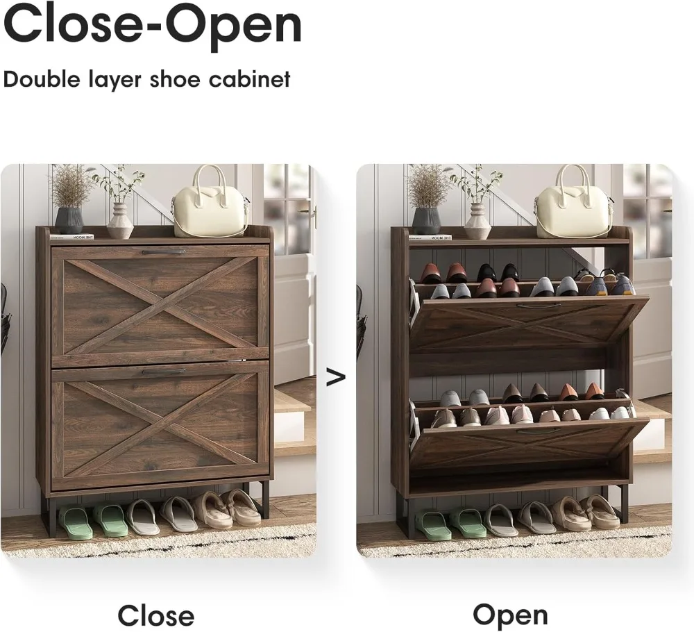 خزانة تخزين أحذية رفيعة مع أدراج قابلة للطي، منظم قائم بذاته للمدخل، خشب الجوز الداكن #5