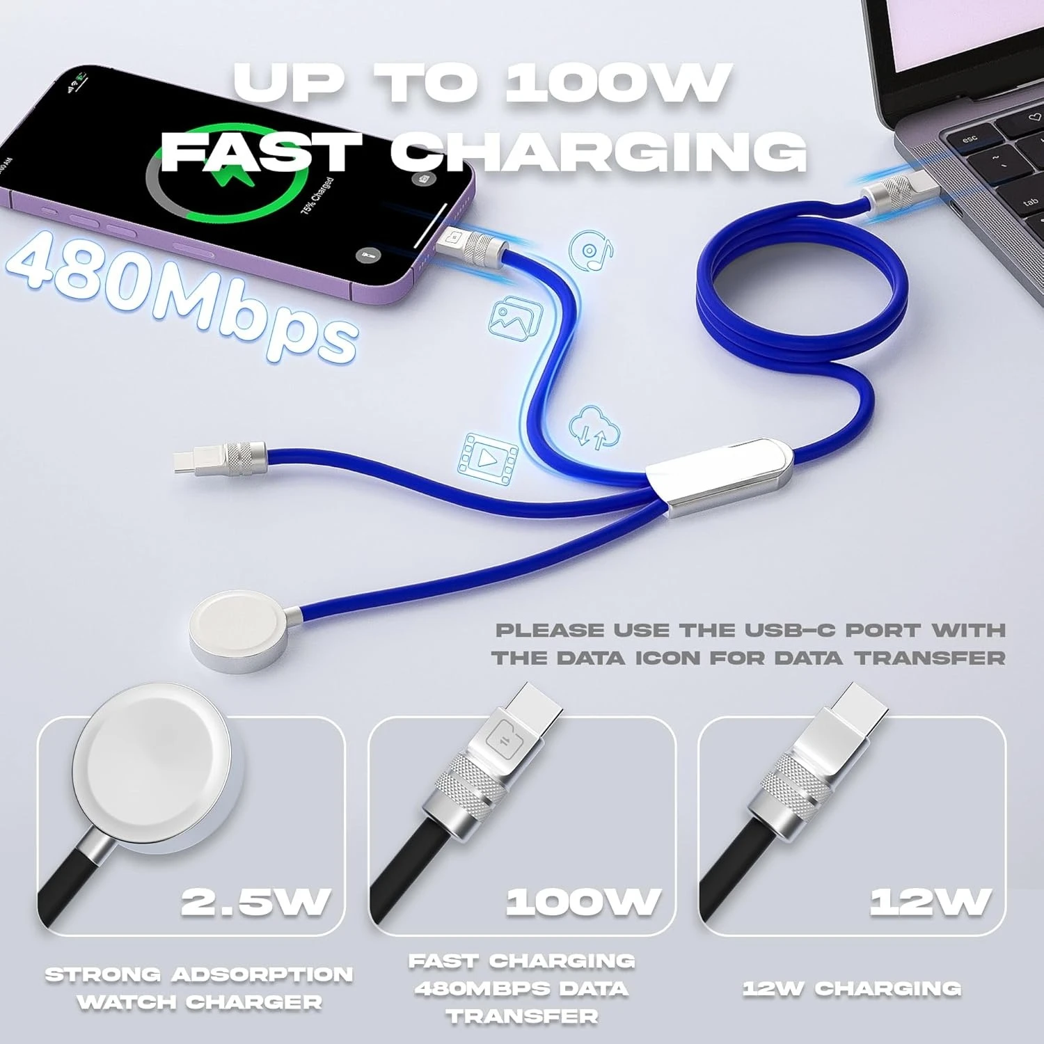 كابل USB C ثلاثي فليكس 3 في 1 لشاحن ساعة أبل سيليكون 100 وات كابل شحن متعدد شحن سريع · مبيعات المصنع مباشرة #3