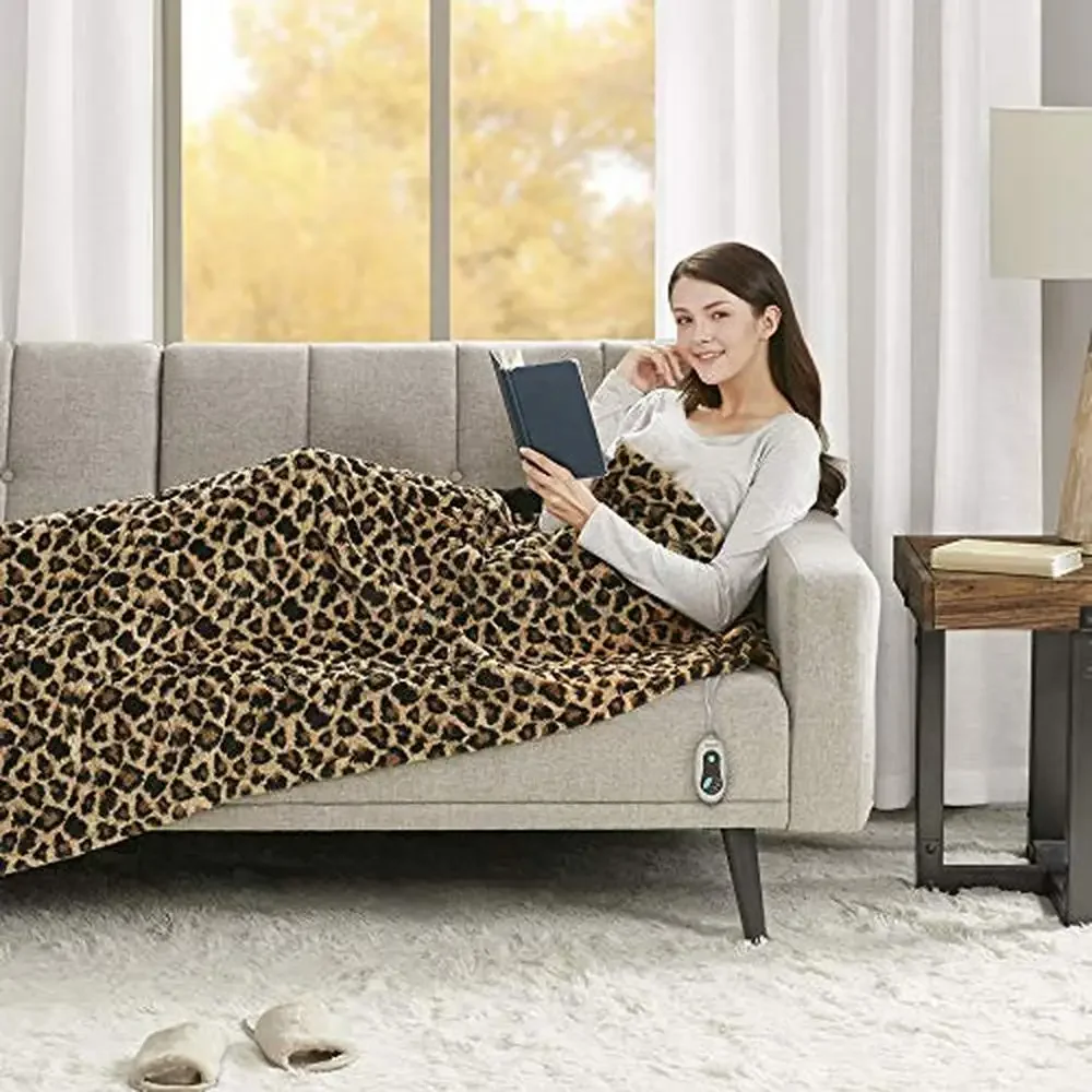 Oversized Electric Heated Throw Blanket Brushed Long Fur Auto Shutoff Soft Warm Leopard Pattern 3 Heat Settings