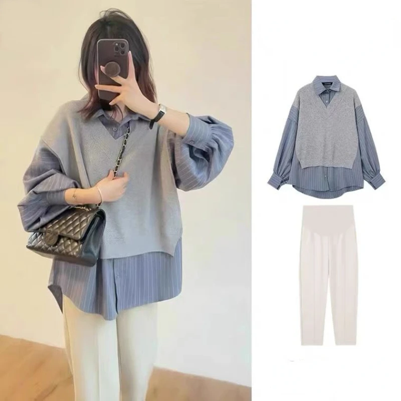 Autumn Winter Business Casual Woman Knitted Patchwork Shirt 2024 Fashion Fake Two Pieces Stripe Button Shirts Female Clothes