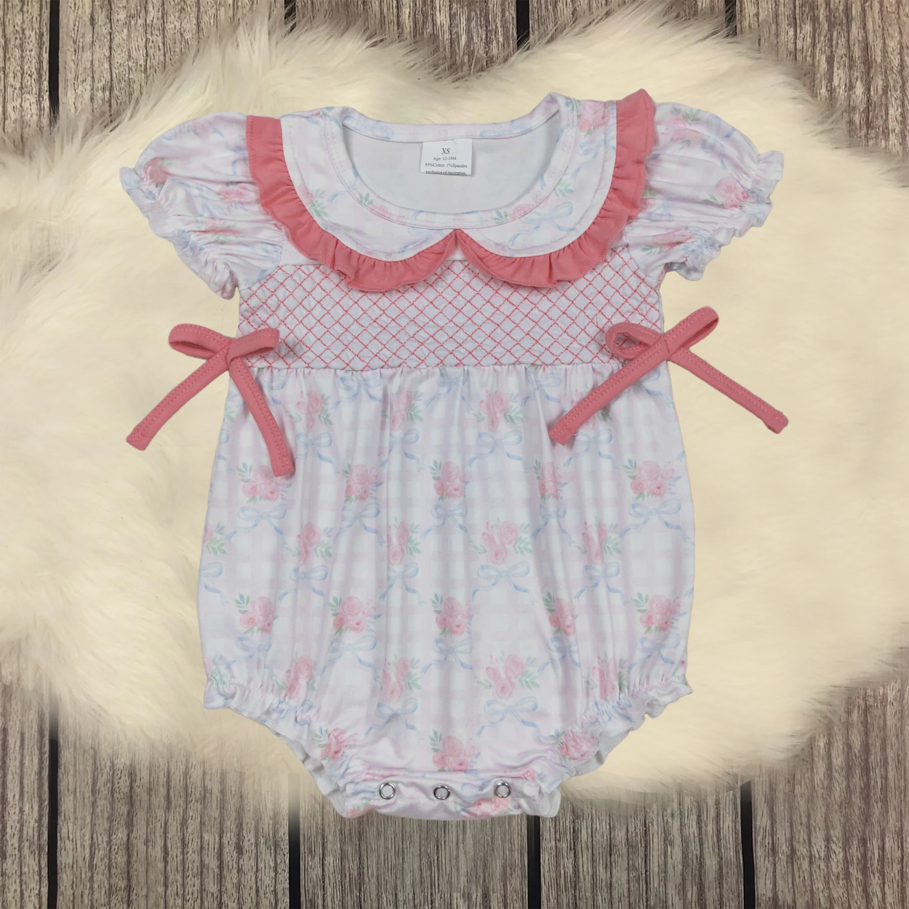 

Wholesale Embroidery Baby Infant Girls Pink Short Sleeves Ruffle Floral Bows Rompers Children Bubble Kids Boutique One Piece