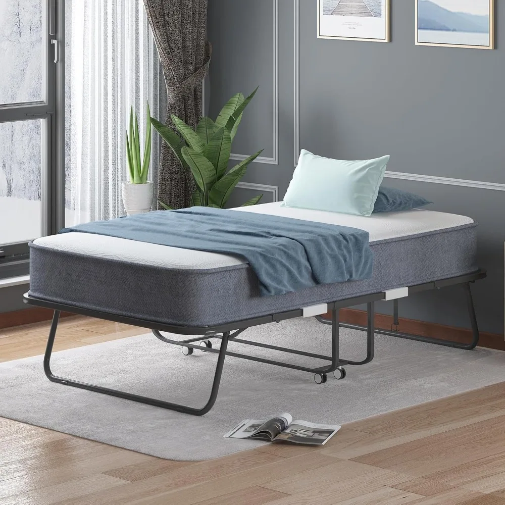 Folding Bed with 4 Inch Memory Foam Mattress, Single Rollaway Bed for Guests, Space Saving Portable Bed with Lockable Wheels