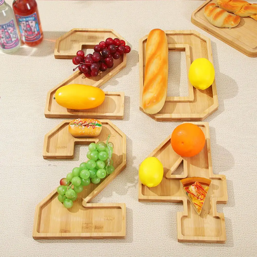 

1 Set 2024 Number Tray Fruit Cheese Platter Graduation Ornaments Wooden Charcuterie Board Kitchen Storage Supplies