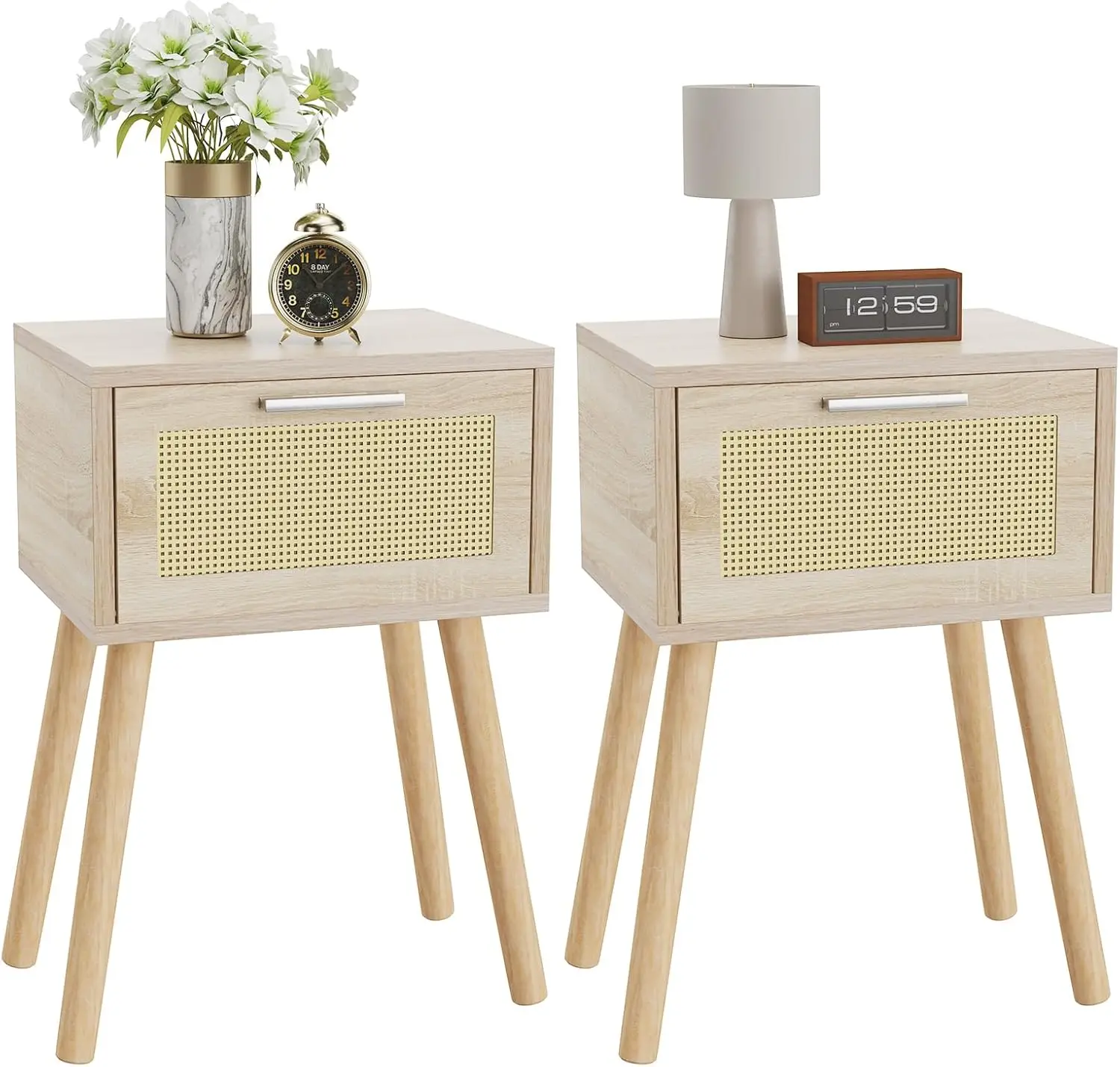

Nightstand Set of 2, End Table, Small Bedside Table, Handmade Rattan Decorated Drawer, Solid Wood Legs, Modern Side Table for Be