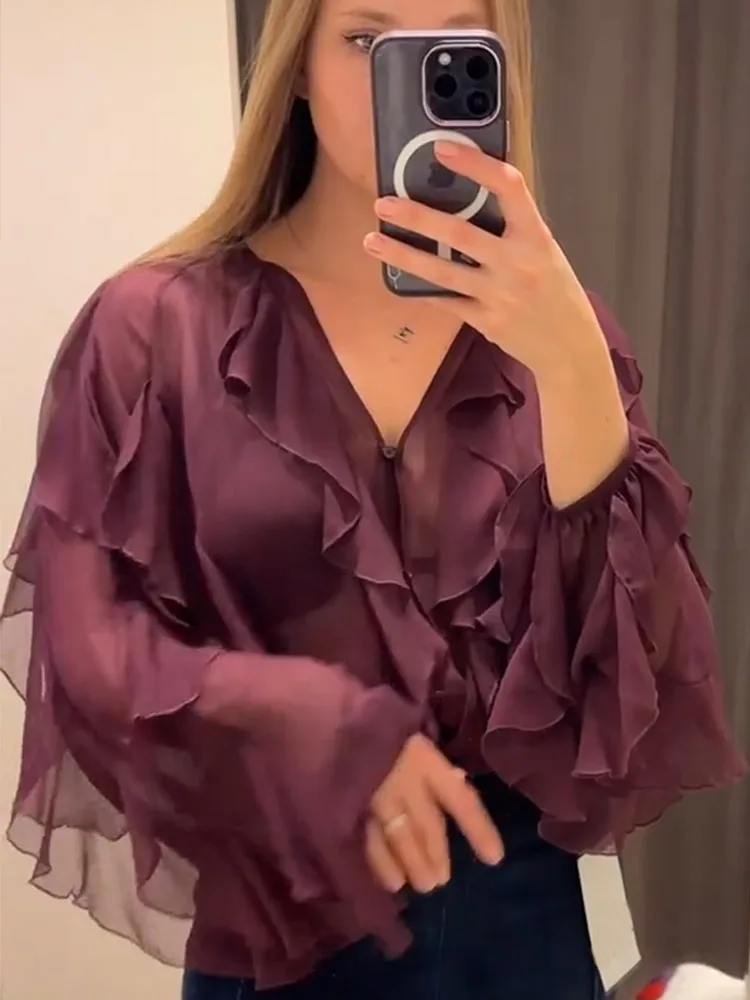 Mode Effen See Through V-hals Damesblouse Nieuwe Lange Mouw Gelaagde Lotusblad Rand Losse Shirts 2025, Famale Zomerkleding